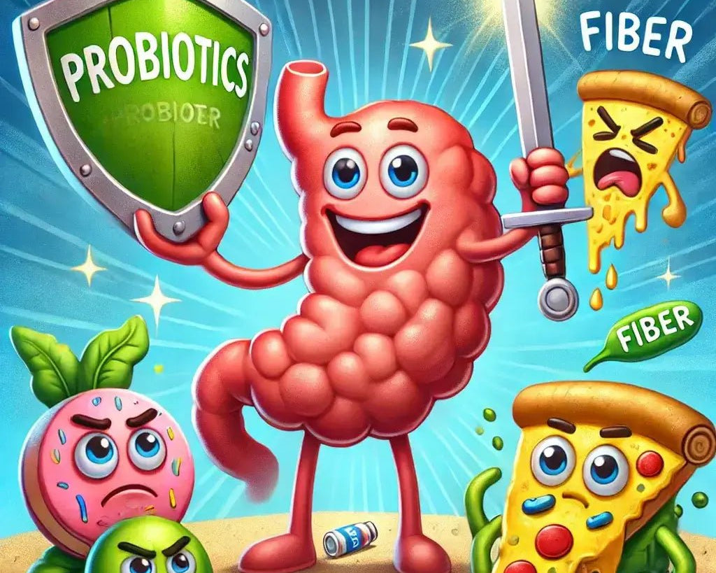 Happy cartoon gut with "Probiotics" shield, "Fiber" sword, and defeated junk food, symbolizing gut health.