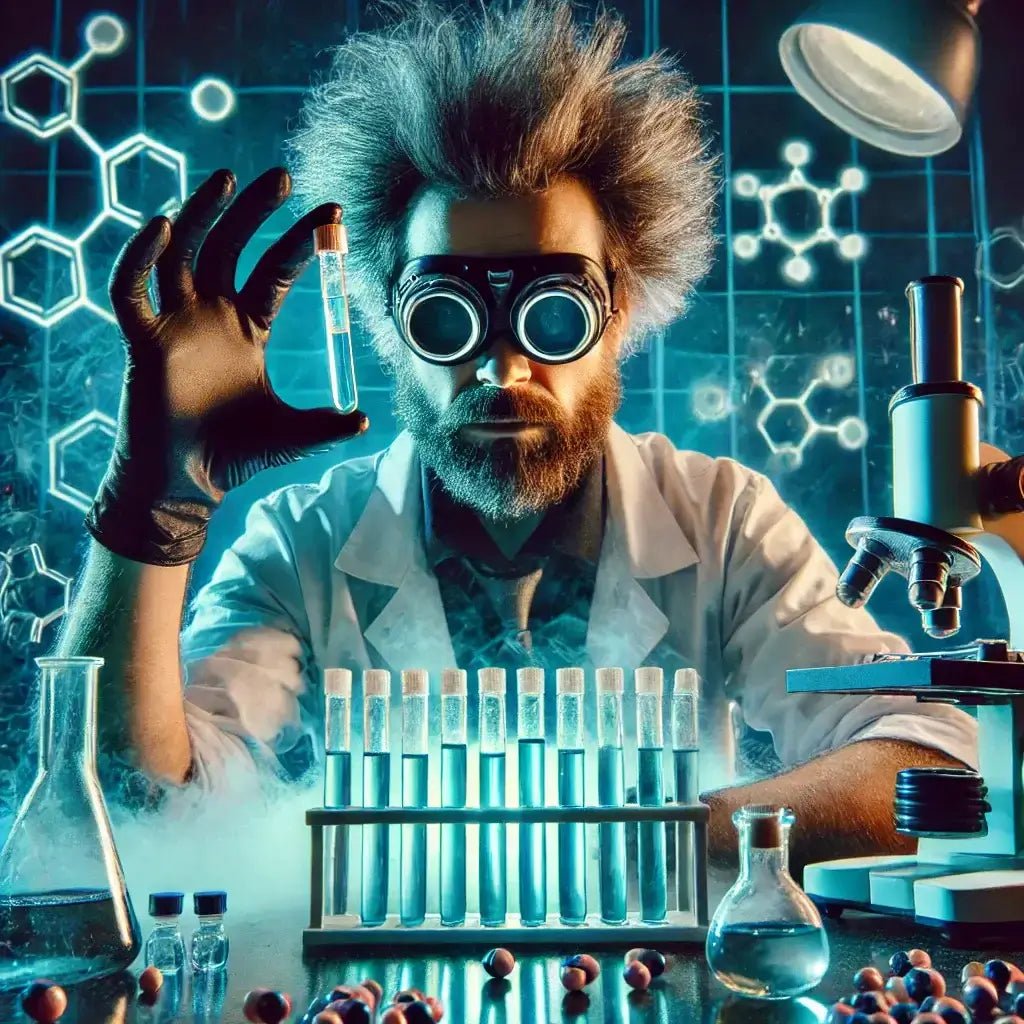 Peptide synthesis process with lab equipment, showing solid-phase and liquid-phase methods used in peptide production