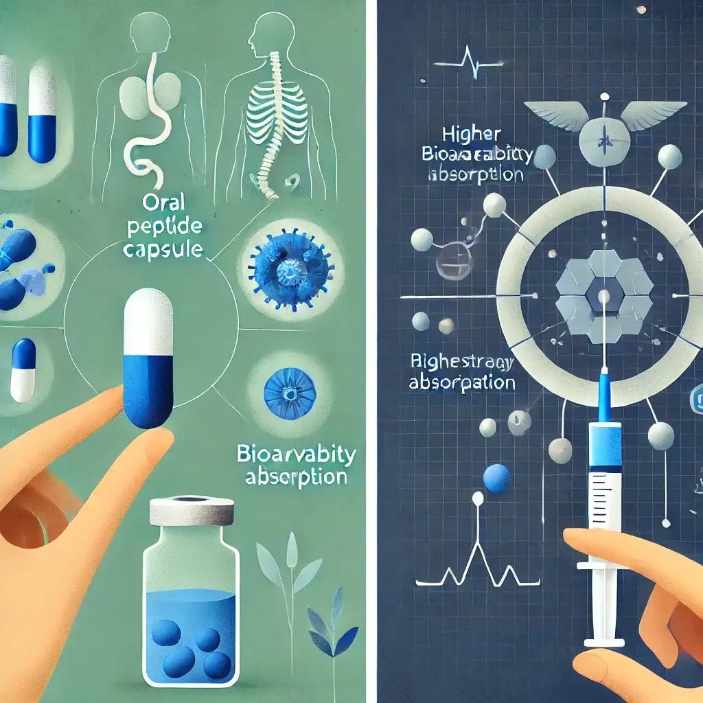 Comparison of oral vs. injection peptide delivery, highlighting convenience vs. bioavailability.