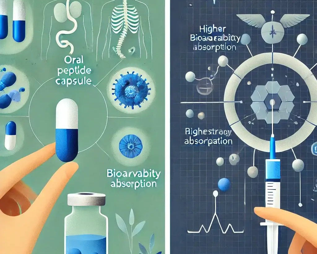 Comparison of oral vs. injection peptide delivery, highlighting convenience vs. bioavailability.