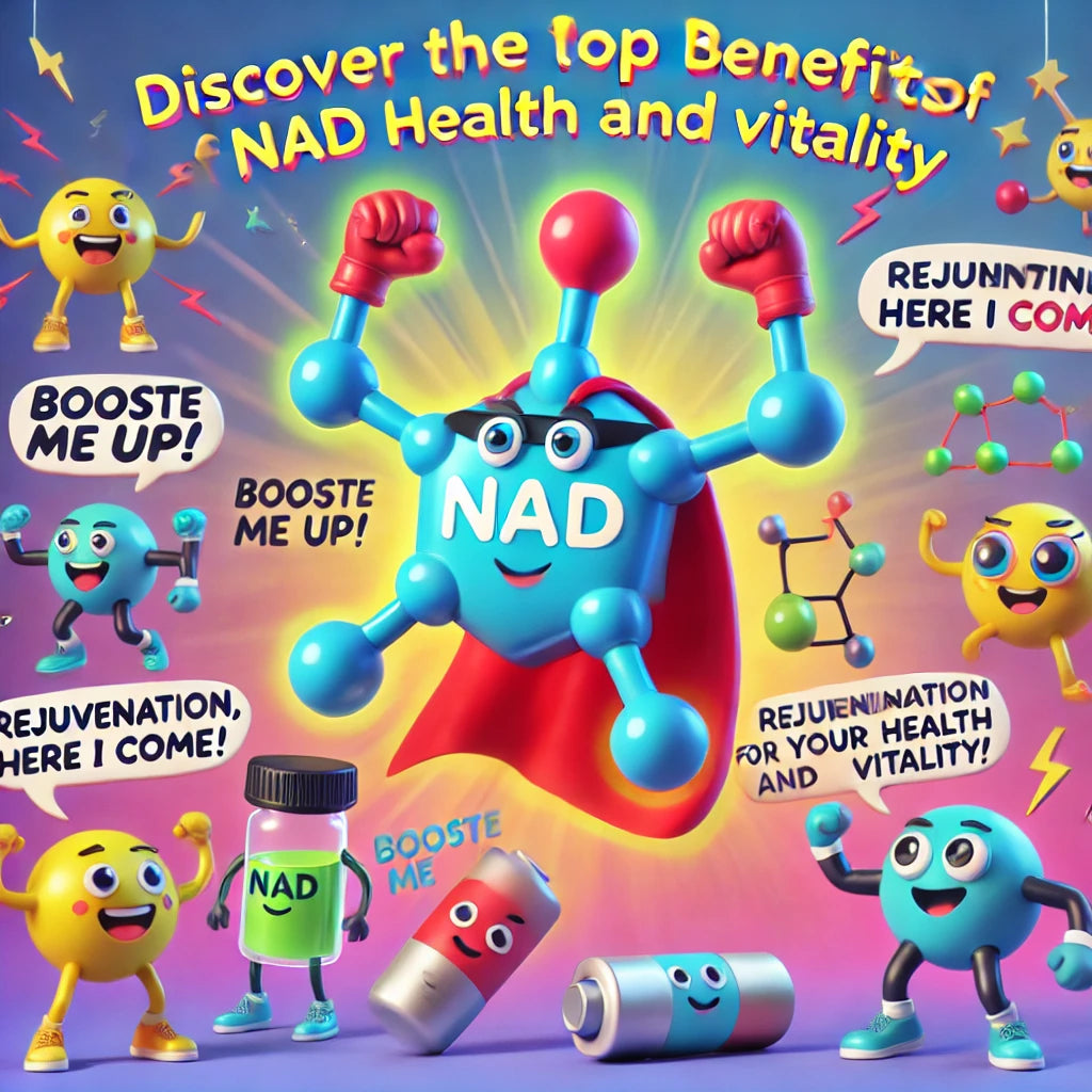 NAD peptide flexing muscles, promoting energy, cellular health, and vitality with playful icons and vibrant background for NAD peptide benefits.