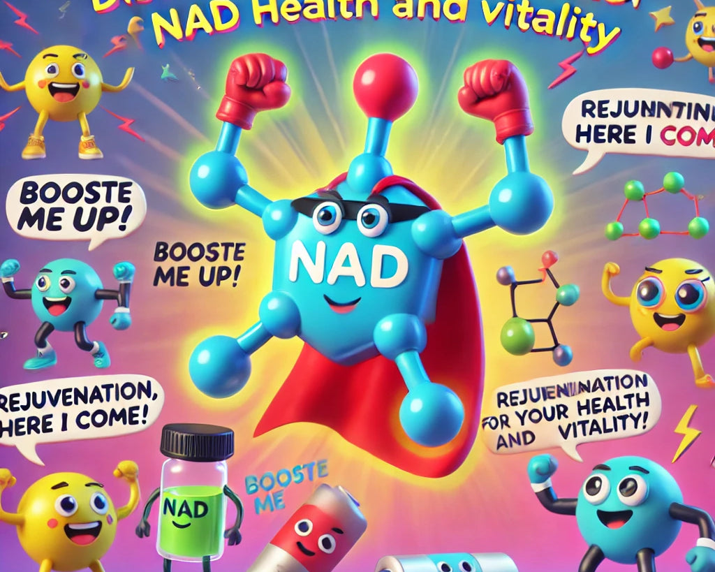 NAD peptide flexing muscles, promoting energy, cellular health, and vitality with playful icons and vibrant background for NAD peptide benefits.