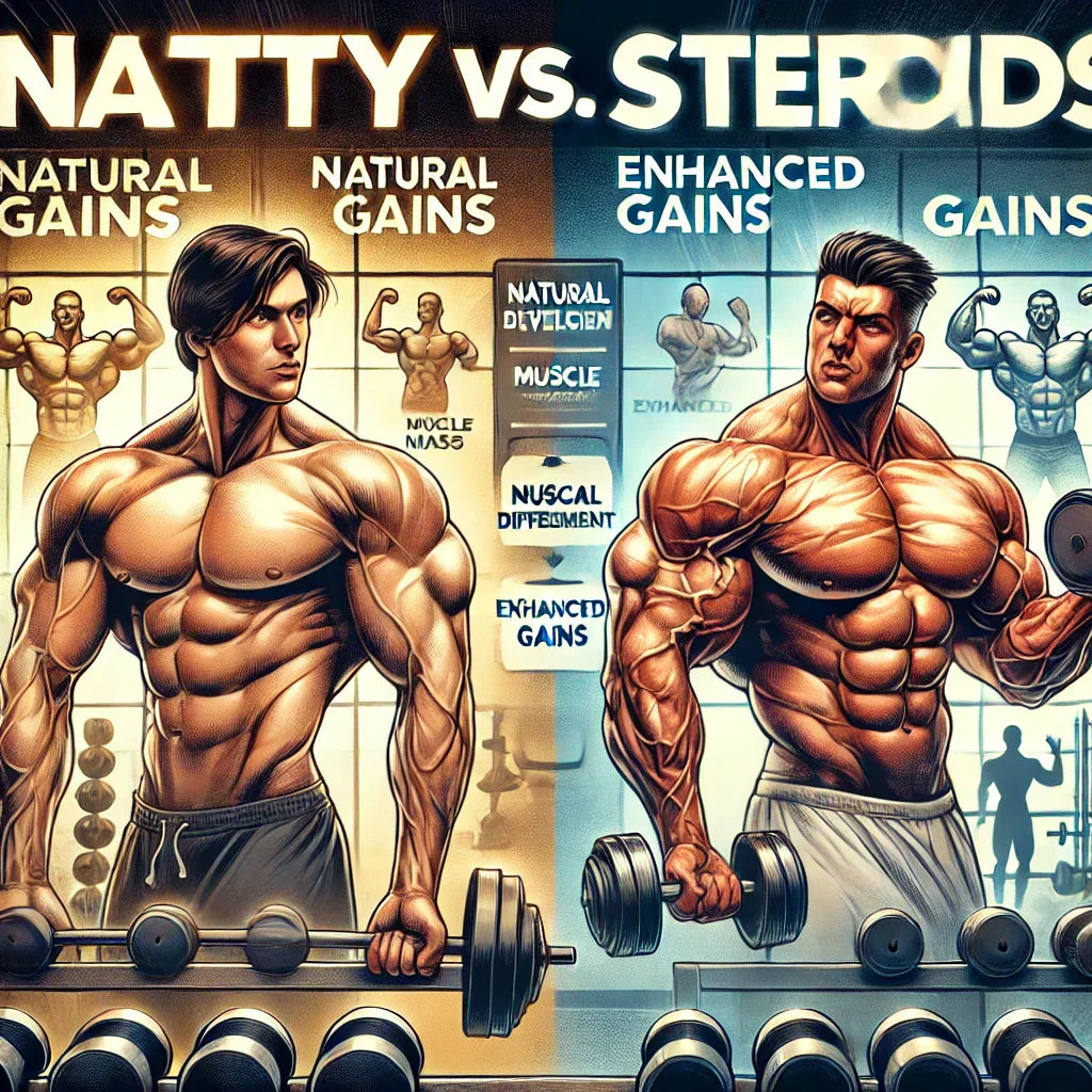 Split-screen of a natural bodybuilder vs. a steroid user, highlighting muscle growth differences.