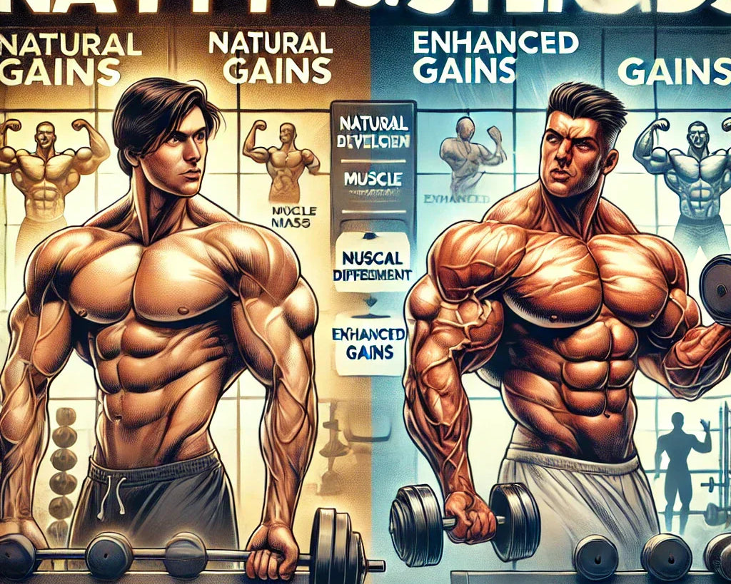 Split-screen of a natural bodybuilder vs. a steroid user, highlighting muscle growth differences.