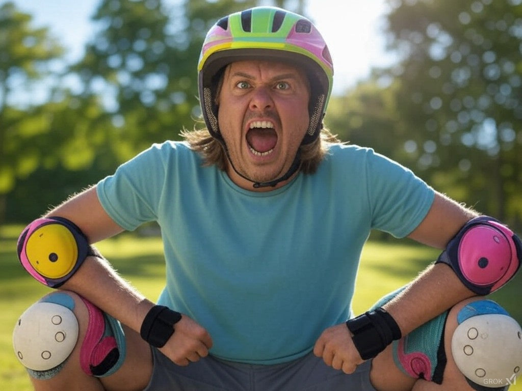 Humorous illustration depicting safe use of peptides with a person equipped with protective gear like a helmet and knee pads