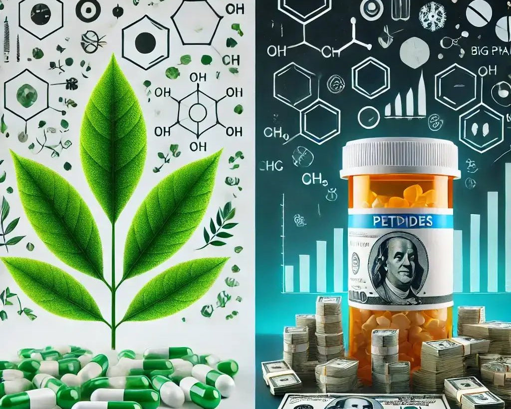 Comparison showing peptides as natural and innovative with a green leaf versus big pharma with industrial, corporate imagery.