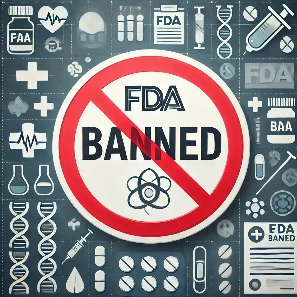 Image of peptides with a "FDA Banned" label, indicating that these peptides are banned by the FDA