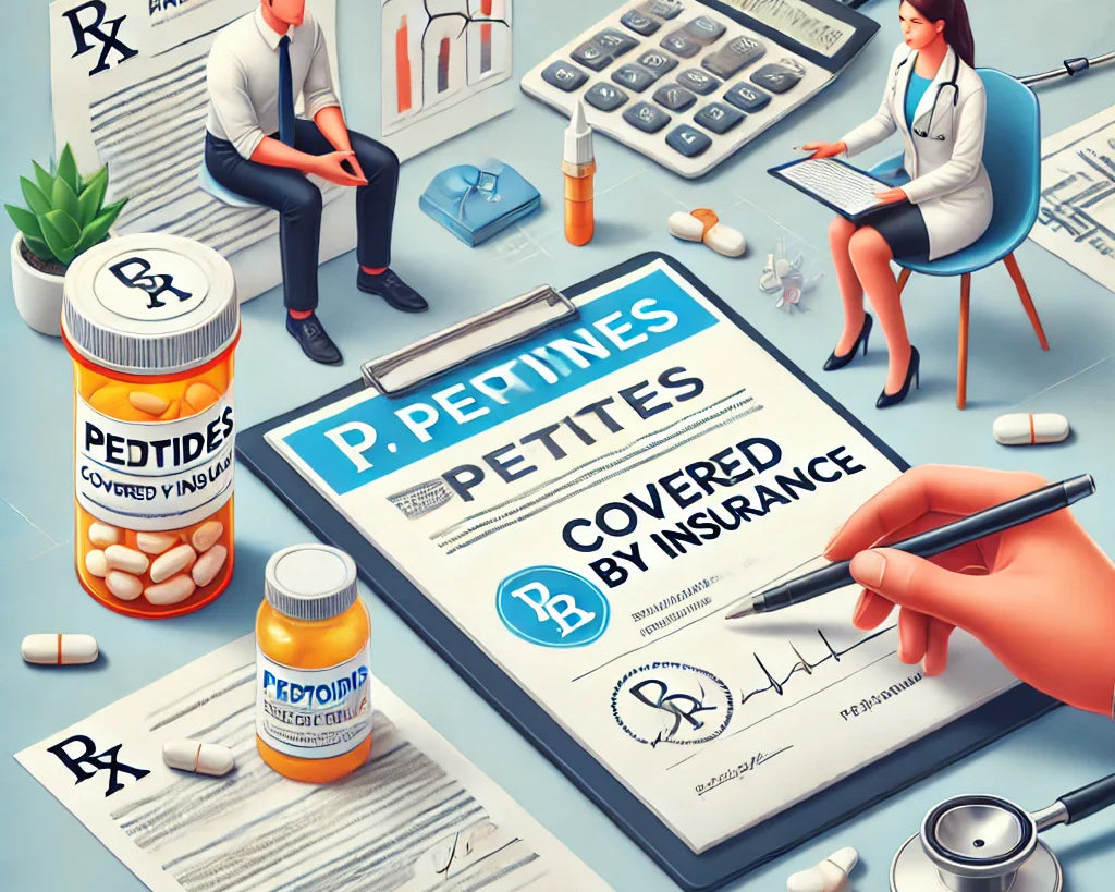 Illustration of an insurance approval stamp, prescription bottle labeled "Peptides," and a healthcare provider discussing peptide coverage with a patient.