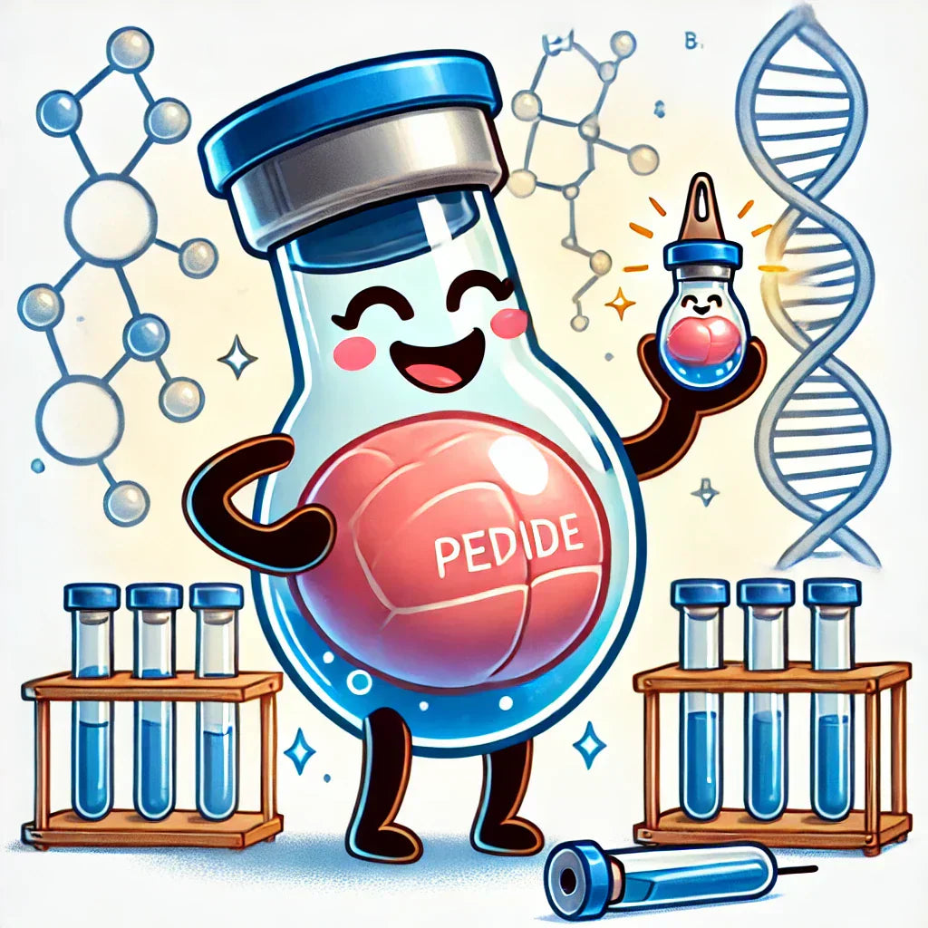 Humorous cartoon of a pregnant peptide vial with a glowing aura, holding a tiny baby vial in a playful lab setting.