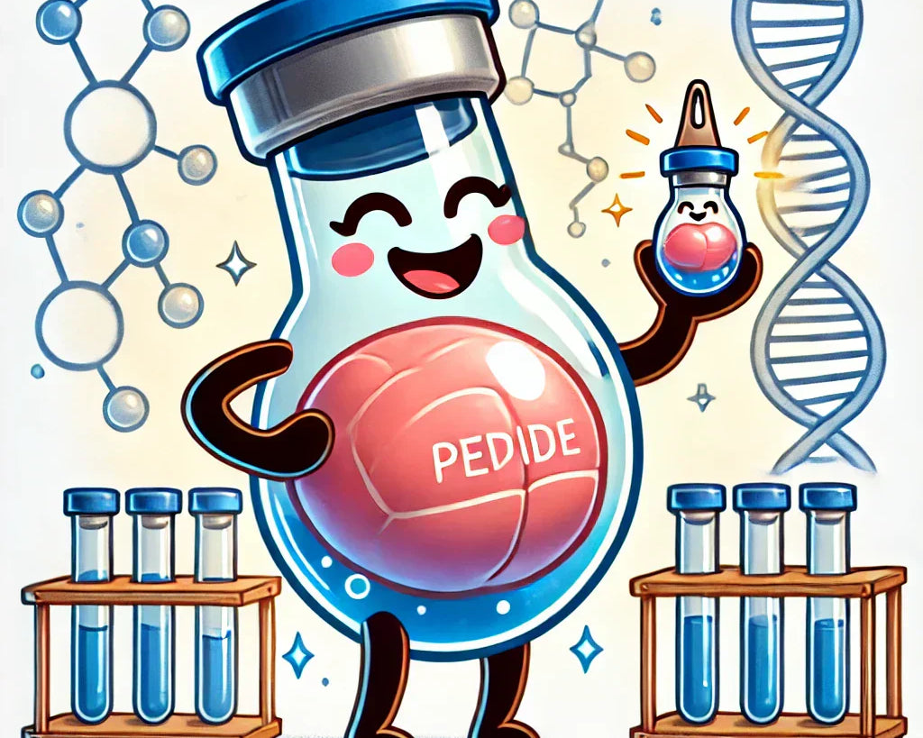 Humorous cartoon of a pregnant peptide vial with a glowing aura, holding a tiny baby vial in a playful lab setting.