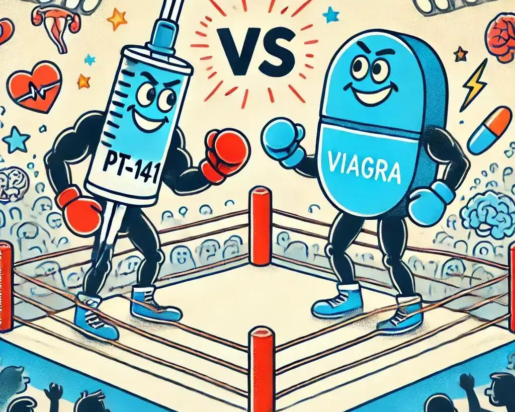 Humorous depiction of PT-141 and Viagra in a tug-of-war, illustrating their unique effects on libido and erectile performance.