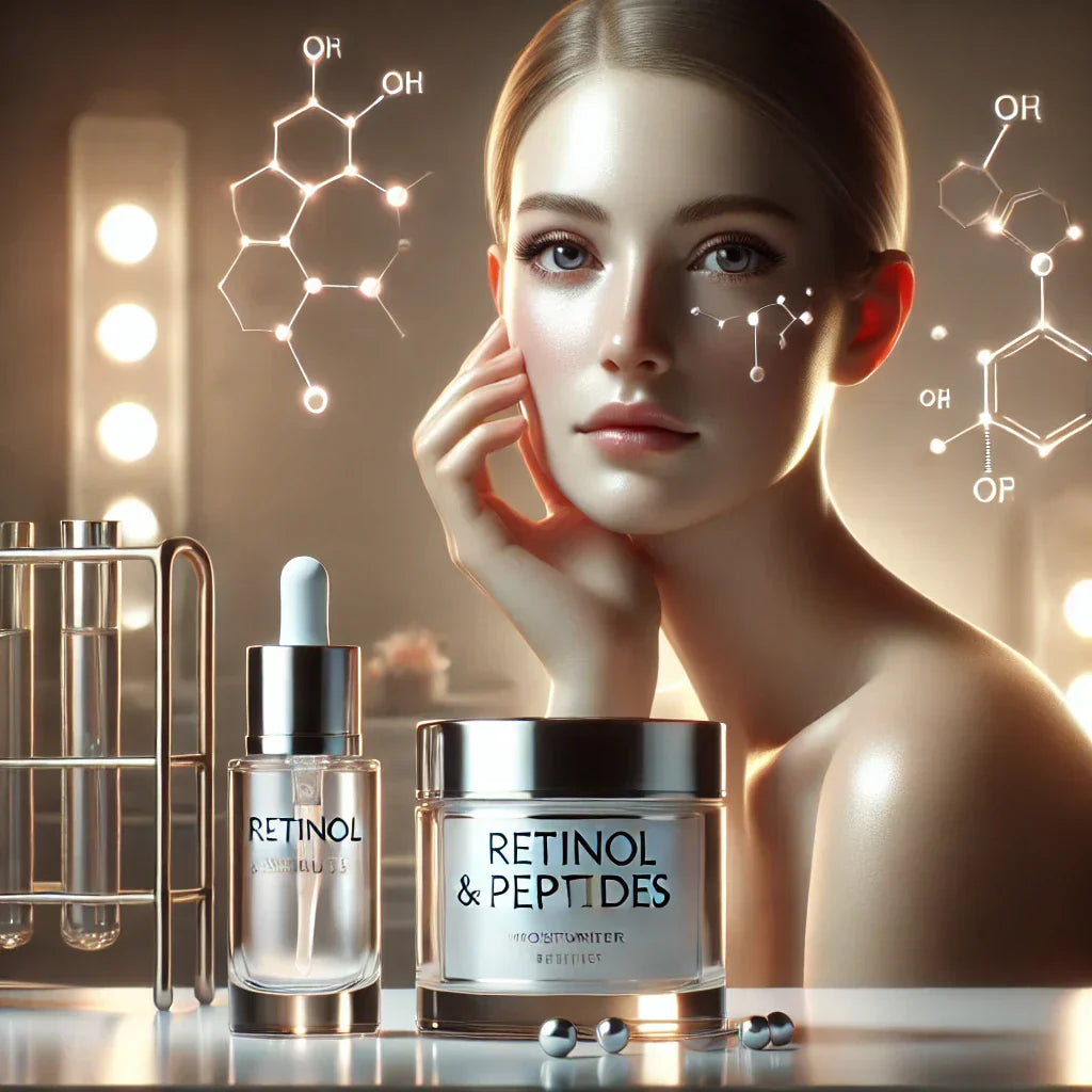 Retinol serum and peptide moisturizer on a vanity with glowing skin in the background.