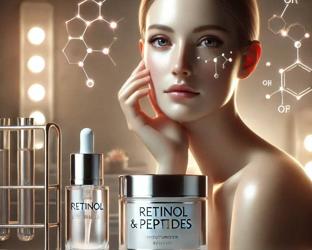 Retinol serum and peptide moisturizer on a vanity with glowing skin in the background.