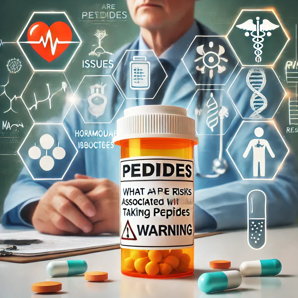 Illustration of a prescription bottle labeled "Peptides" with a warning label, surrounded by symbols of cardiovascular issues, hormonal imbalances, and allergic reactions, with a doctor consulting a patient in the background.