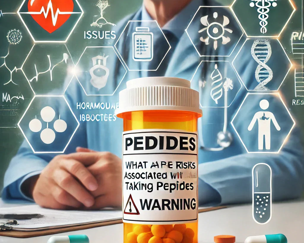 Illustration of a prescription bottle labeled "Peptides" with a warning label, surrounded by symbols of cardiovascular issues, hormonal imbalances, and allergic reactions, with a doctor consulting a patient in the background.