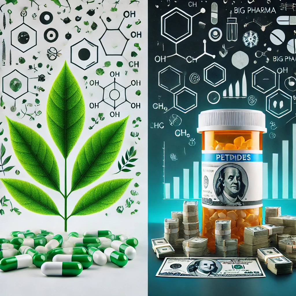 Comparison showing peptides as natural and innovative with a green leaf versus big pharma with industrial, corporate imagery.