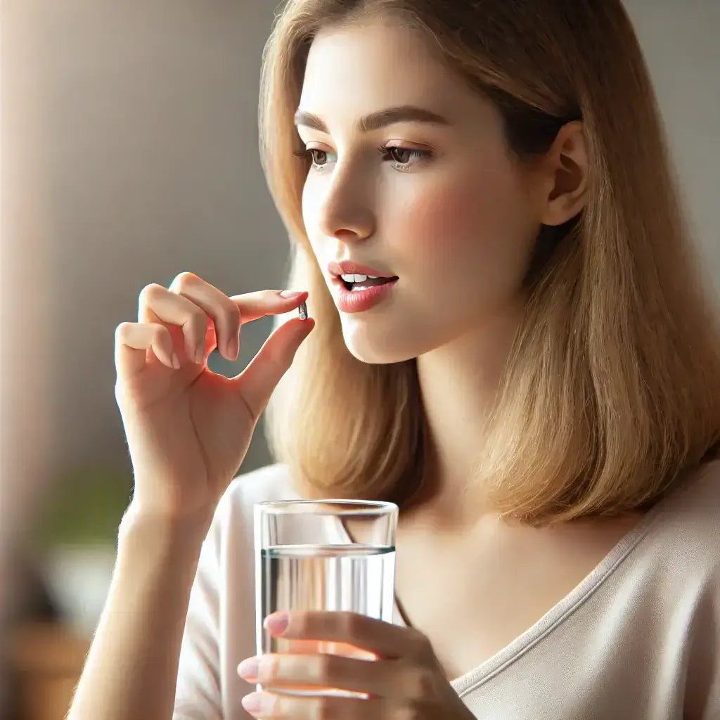 Young woman in her 20s taking a TA-65 pill with a glass of water, promoting cellular health and anti-aging in a natural, wellness-focused setting.