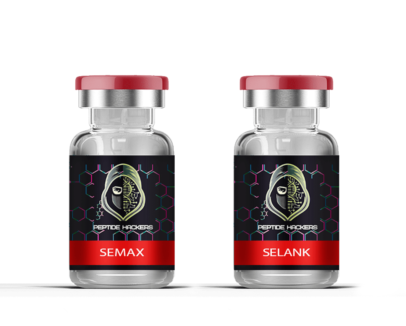 Two vials of Semax and Selank peptides, used for cognitive enhancement and anxiety reduction.