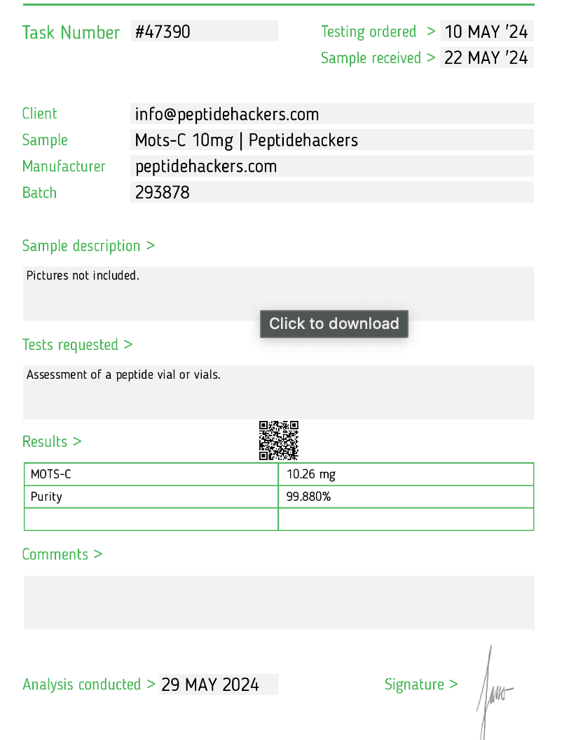 MOTS-c peptide test results confirming 99% purity for reliable research use