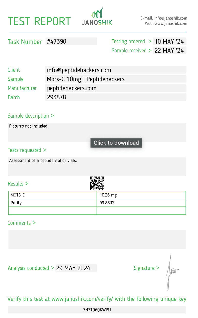 MOTS-c peptide test results confirming 99% purity for reliable research use