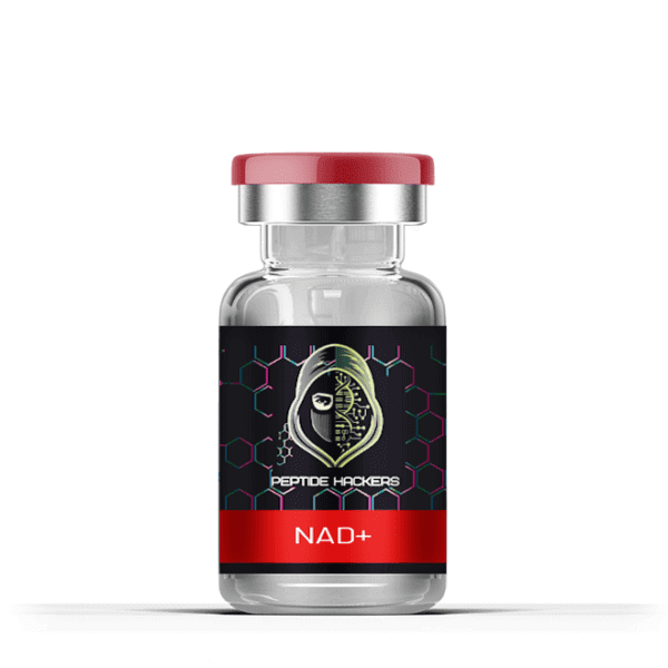 NAD+ Peptide vial with a red lid, promoting cellular energy and anti-aging benefits