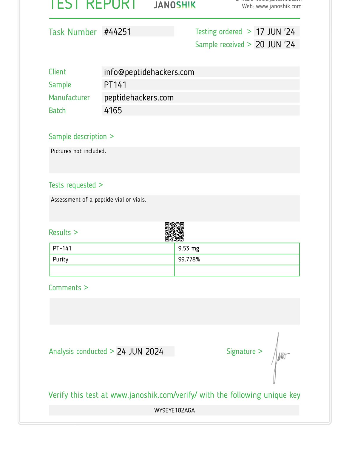 PT-141 Test results showing high purity. 