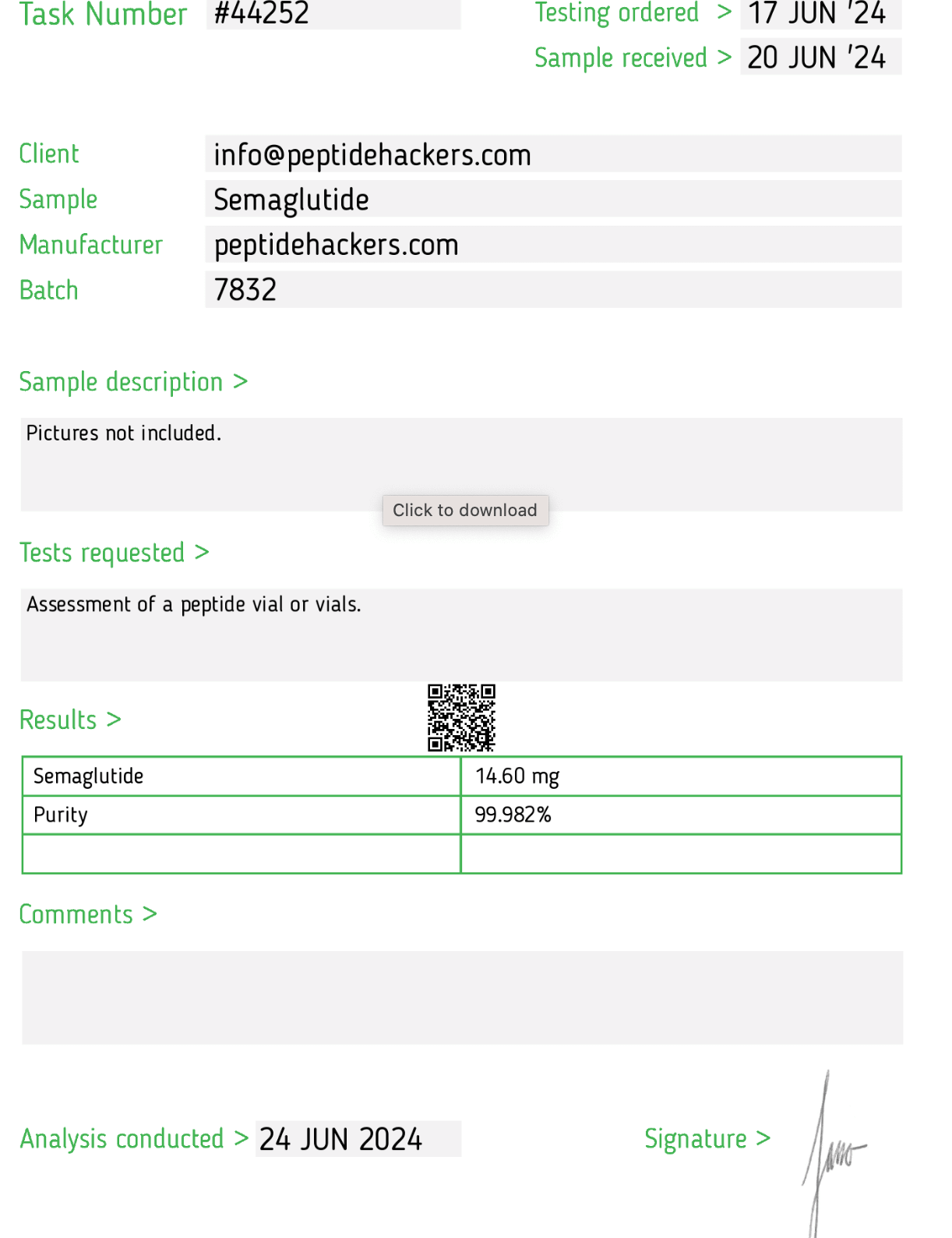 Semaglutide Test Report from Janoshik, Task #44252, June 17, 2024. Purity 99.982%, 14.60 mg, Batch 7832