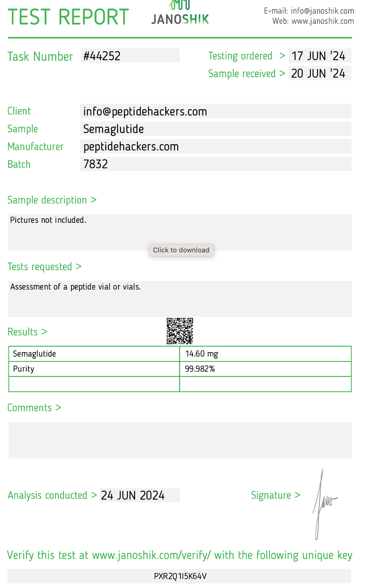 Semaglutide Test Report from Janoshik, Task #44252, June 17, 2024. Purity 99.982%, 14.60 mg, Batch 7832