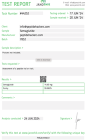 Semaglutide Test Report from Janoshik, Task #44252, June 17, 2024. Purity 99.982%, 14.60 mg, Batch 7832