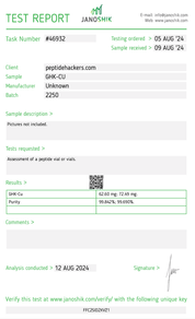 GHK-Cu peptide test results confirming high purity for skin regeneration and anti-aging research