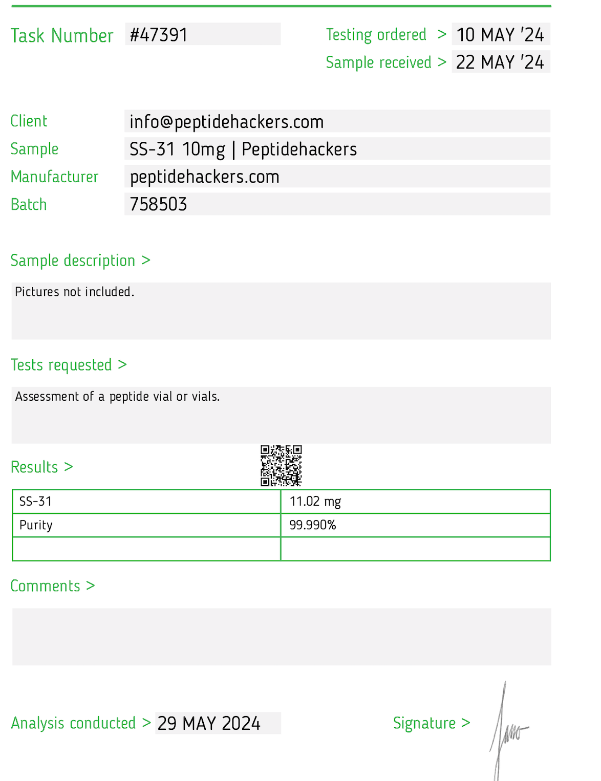 SS31 peptide test results confirming high purity for advanced mitochondrial research