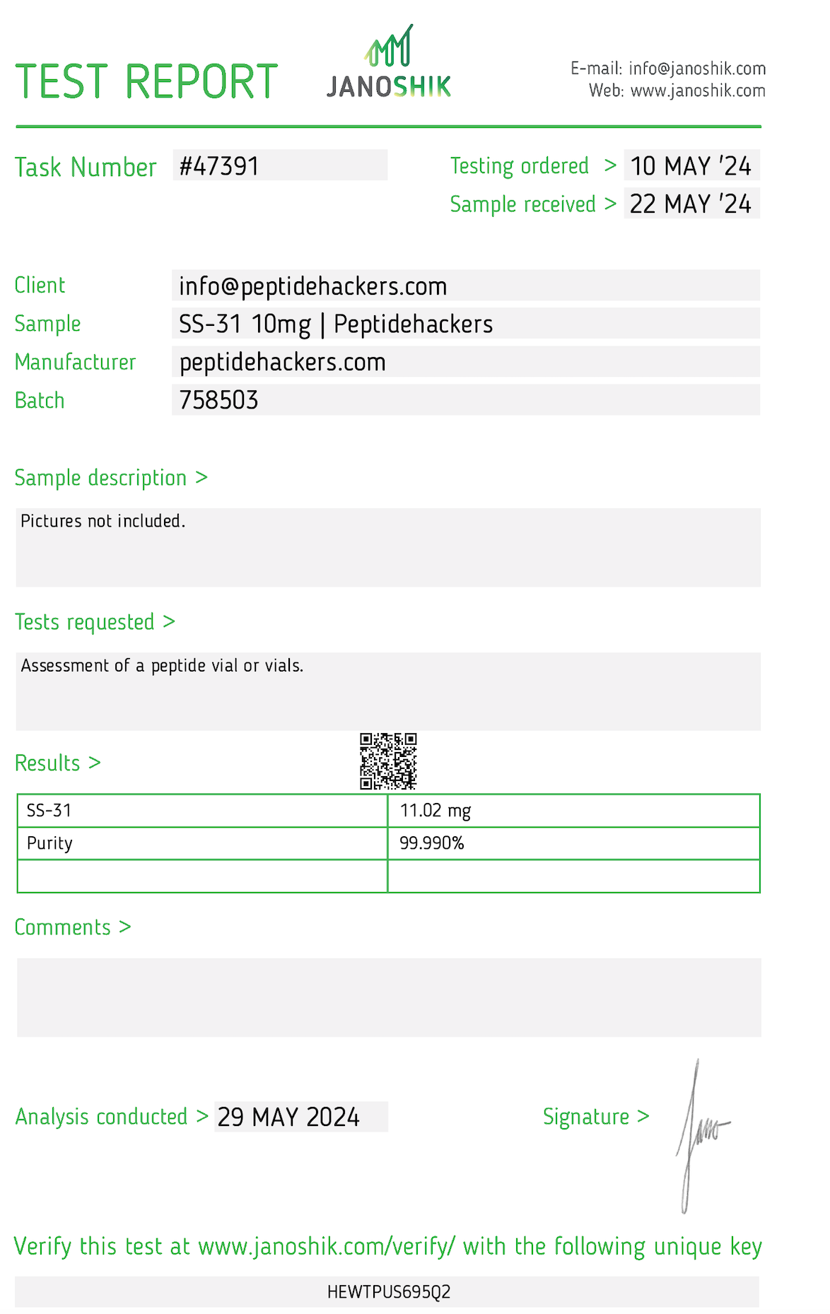 SS31 peptide test results confirming high purity for advanced mitochondrial research