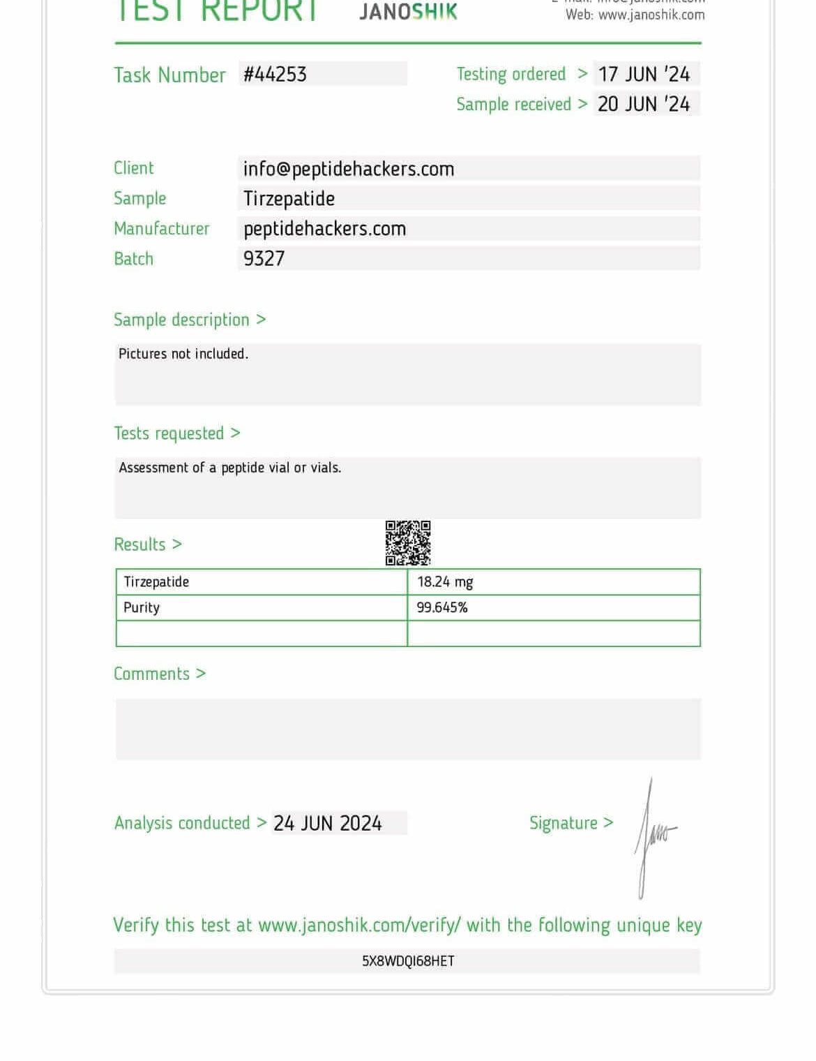 Tirzepatide with 99.42% purity. The report features a QR code and a unique verification key for confirming authenticity