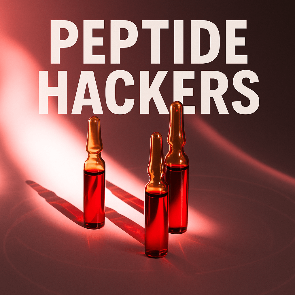 Glass ampoules filled with vibrant red B12 solution under dramatic lighting with PEPTIDE HACKERS branding in the background