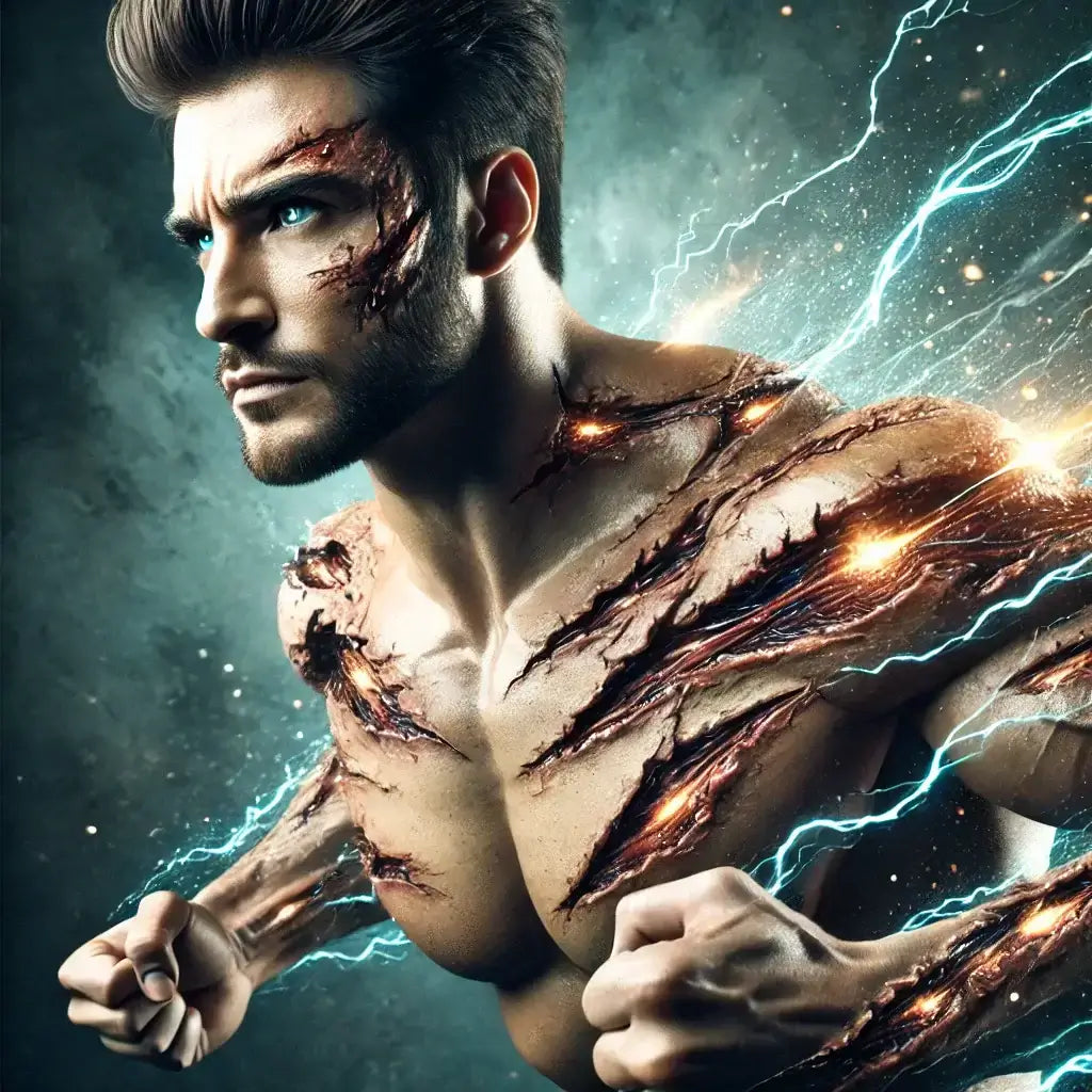 A muscular figure with superhuman healing abilities, symbolizing BPC-157's rapid wound healing and regeneration in an intense scene.