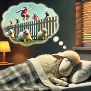  A sheep sleeping peacefully in bed, dreaming of humans jumping over a fence, illustrating the sleep benefits of DSIP peptide.