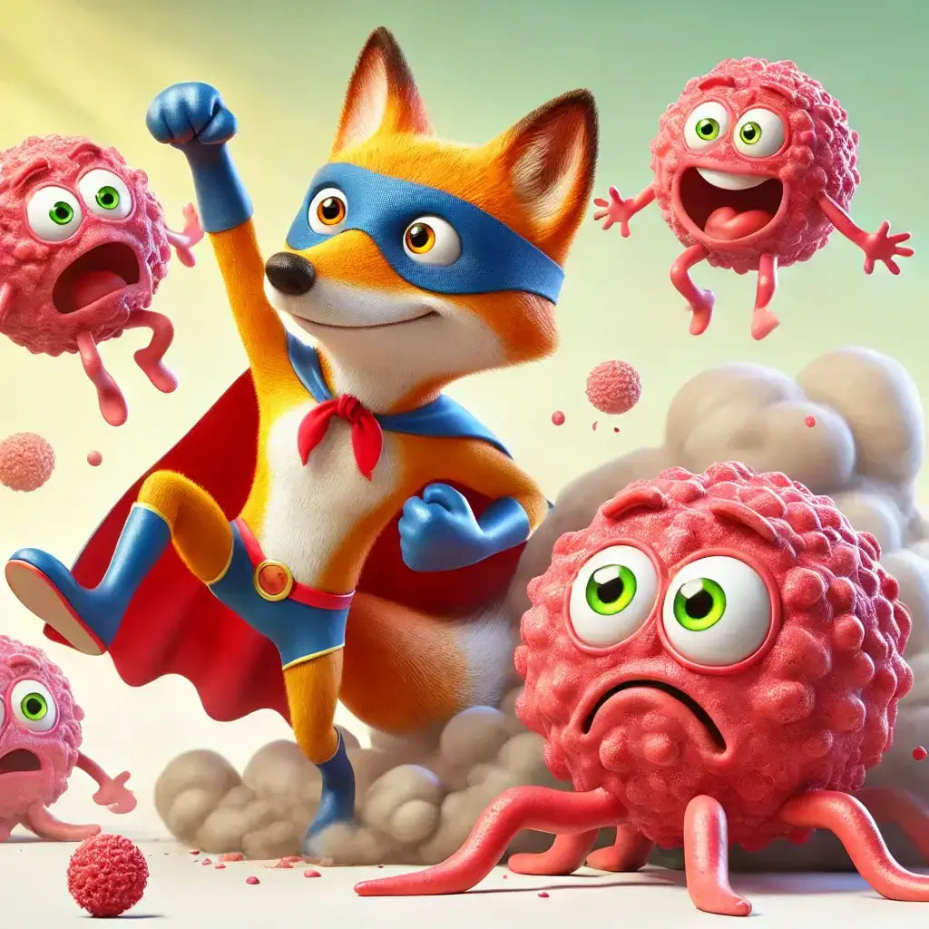 A superhero fox fighting cancer cells, humorously depicting the anti-cancer properties and therapeutic potential of FOX-04 peptide.