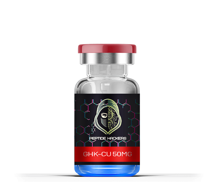 GHK-Cu 50mg bottle, for enhancing skin health and reducing wrinkles, available at Peptide Hackers.