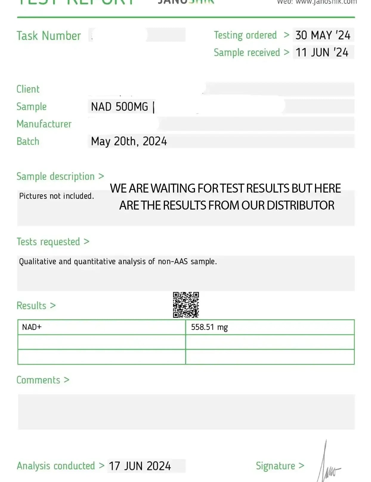 NAD+ lab results showing high purity