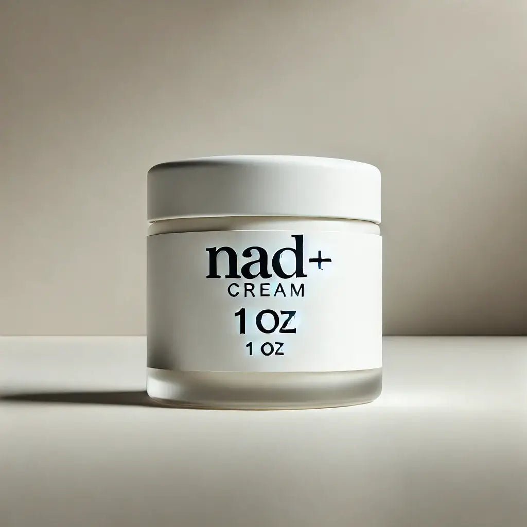 Close-up of NAD cream bottle, formulated to enhance skin radiance, boost collagen, and promote youthful, healthy-looking skin.