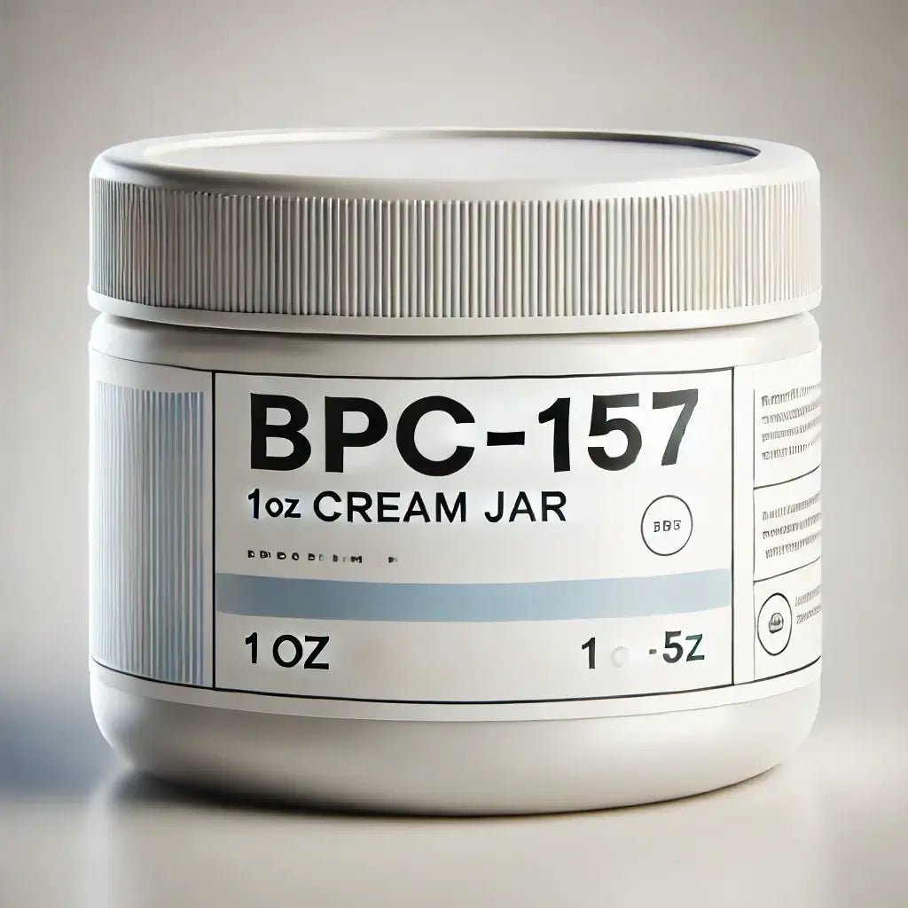 BPC-157 topical cream bottle, known for its benefits in skin healing, reducing inflammation, and supporting tissue repair.