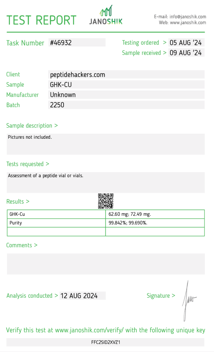 GHK-Cu peptide test results confirming high purity for skin regeneration and anti-aging research