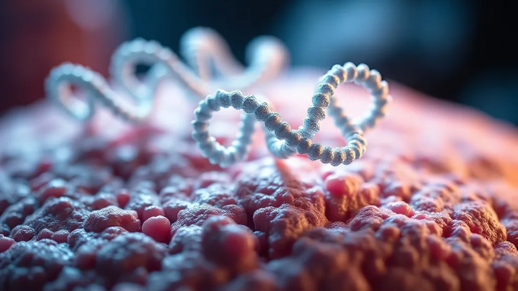 Abstract scientific illustration of the LL-37 cathelicidin antimicrobial peptide helix over muscle-tissue macro texture, representing research into tissue repair and muscle regeneration